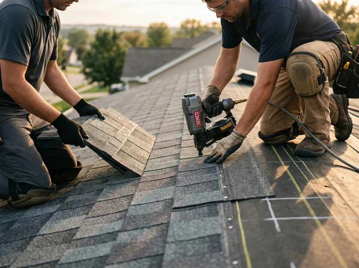 Professional roofer working on a residential roof in Blakely